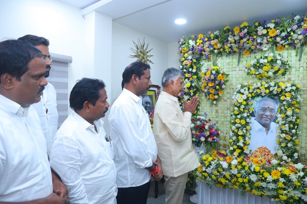 CM Chandrababu consoles Palla Srinivasarao over his father's demise, offering heartfelt condolences and moral support to the bereaved family.